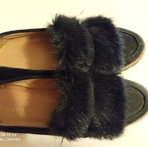 Franco Sarto slip on suede loafer w/ faux fur deco